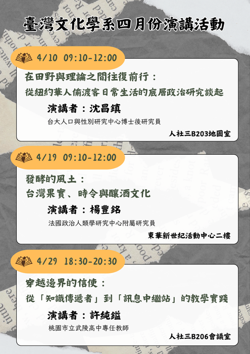【課程演講】臺灣文化學系四月份課程演講圖片