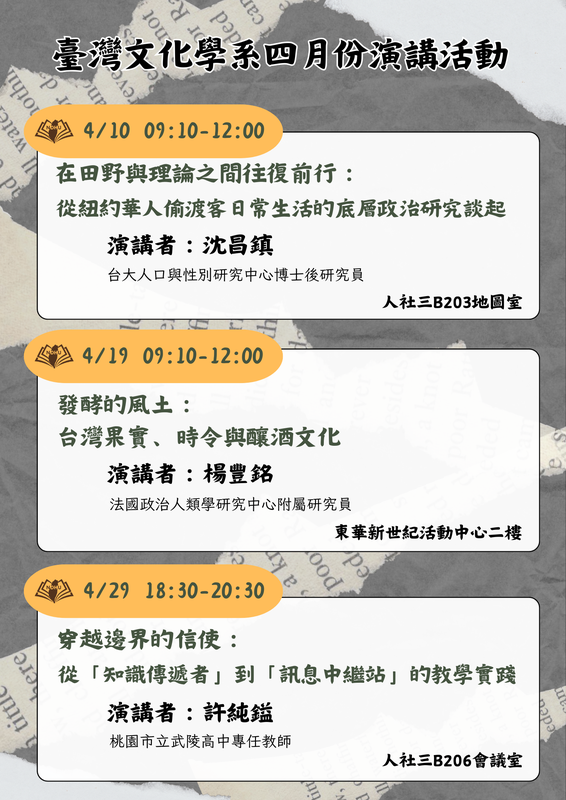 【課程演講】臺灣文化學系四月份課程演講圖片